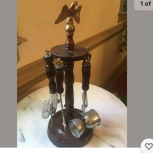 Quaint Vintage Wooden Utensil Holder with Utensils